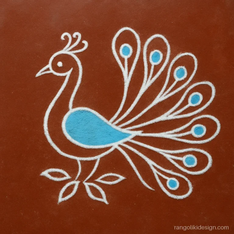 Free hand easy peacock rangoli made with flowing single lines in white and blue