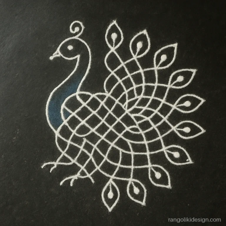 Peacock rangoli in kolam style with white loops around a dot grid
