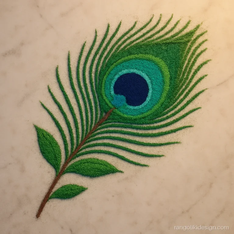 Simple mor rangoli design of a single peacock feather with leaves