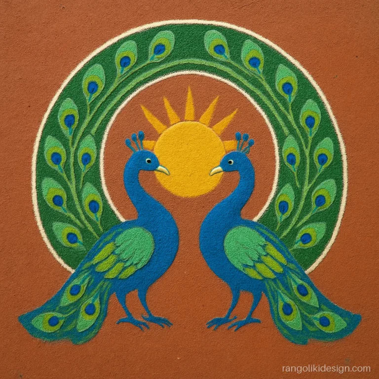 Two peacocks back to back with raised tails meeting at the top