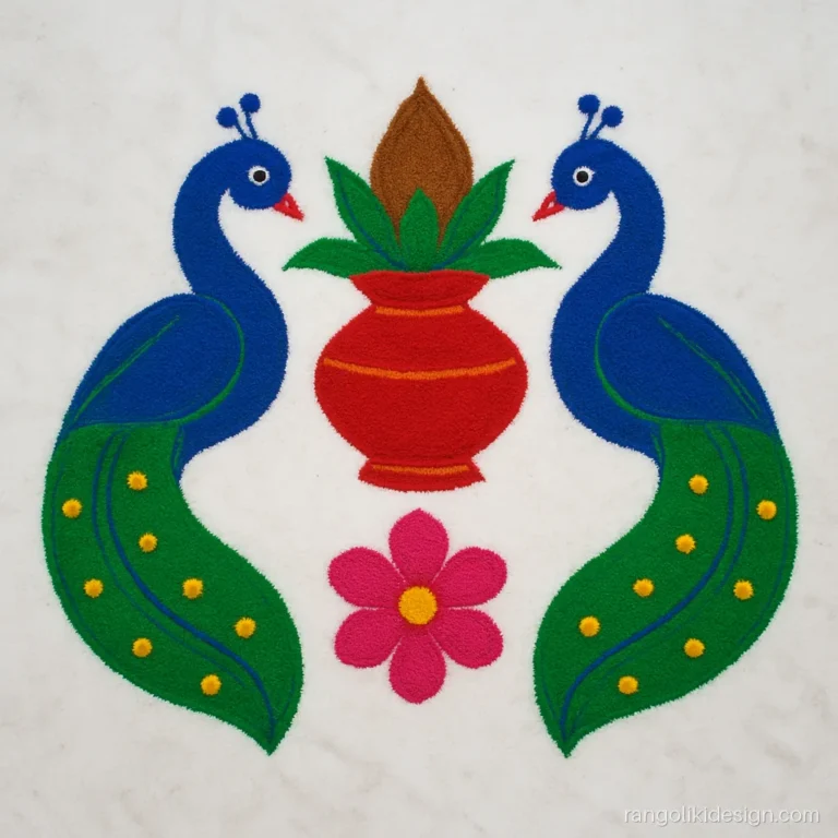 Beautiful peacock rangoli designs with a pair facing a red kalash