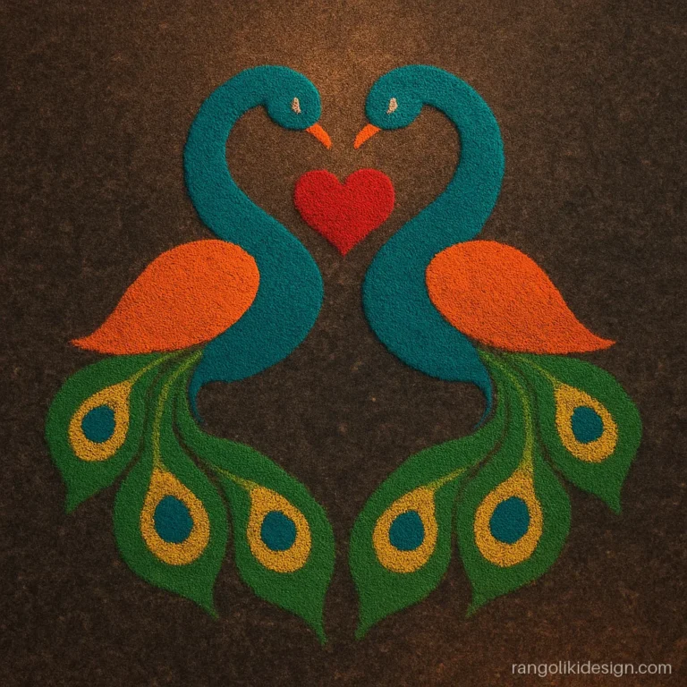 Peacock pair rangoli with necks curving into a heart shape