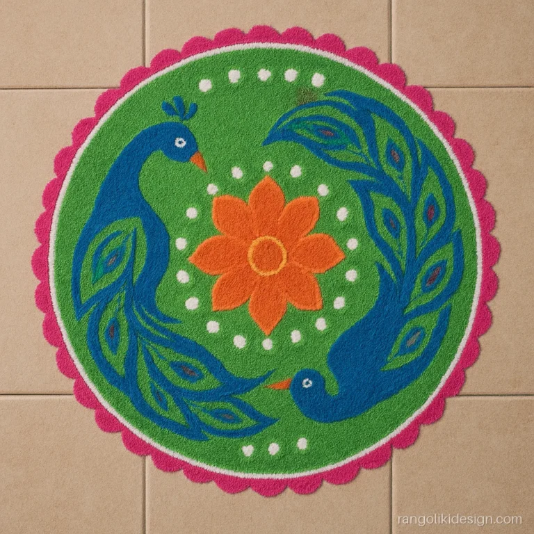 Round peacock rangoli designs with a pair circling a central flower