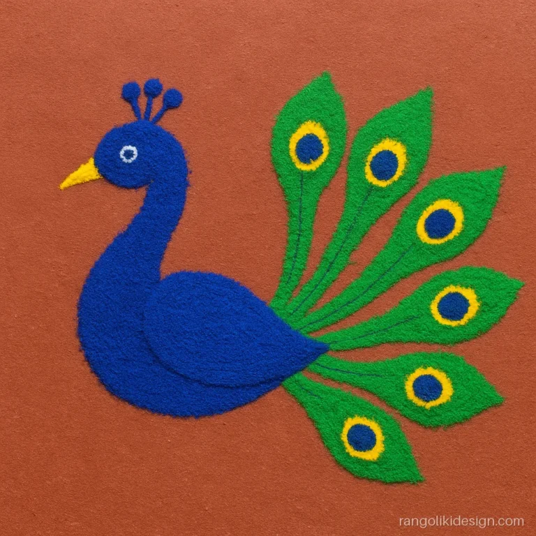 Simple peacock rangoli design in side profile with a short green tail