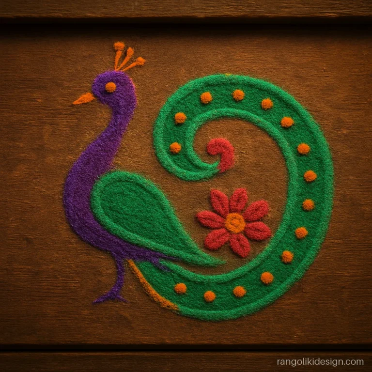 Small peacock rangoli design for a doorstep with a curled tail