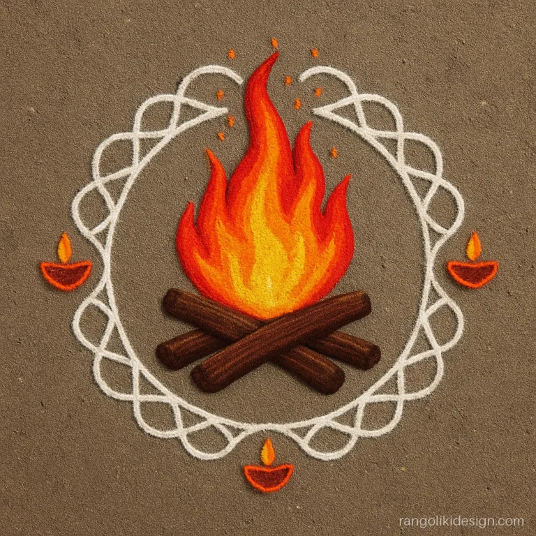 Bhogi rangoli design with a bonfire inside a ring of white loops
