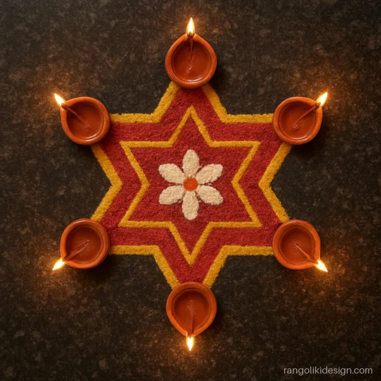 Simple bhogi rangoli design of a star with diyas at each point