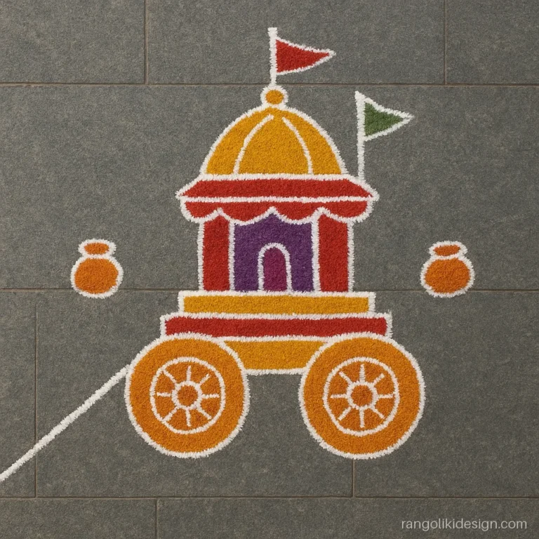 Kanuma rangoli design with a chariot and a rope line