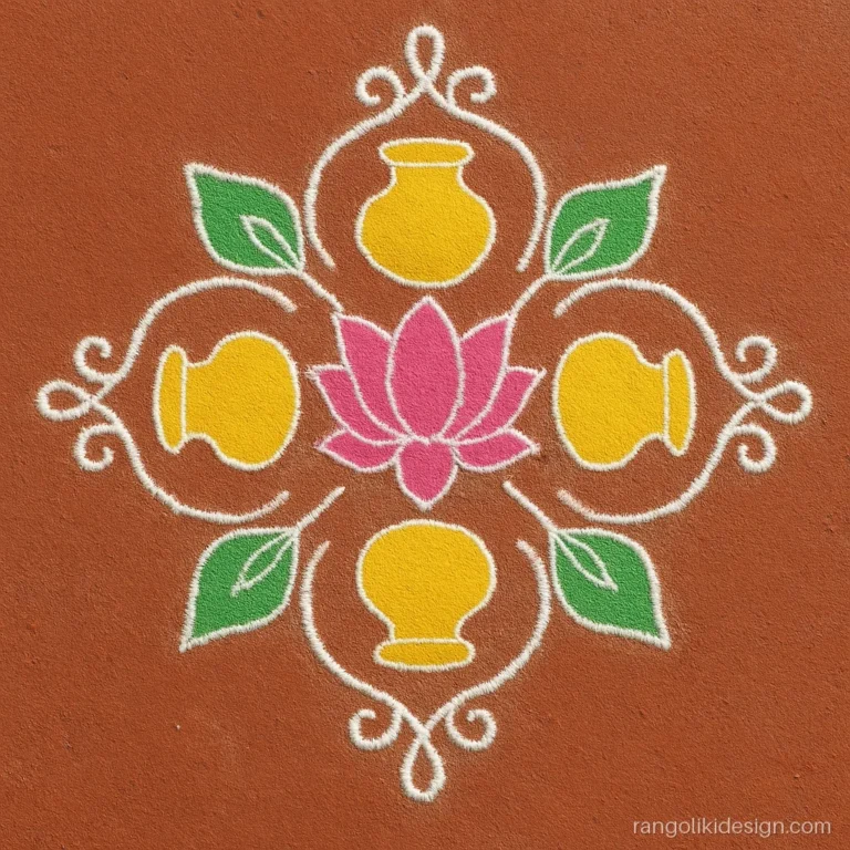 Rangoli designs for pongal on an 11 to 6 grid with four pots