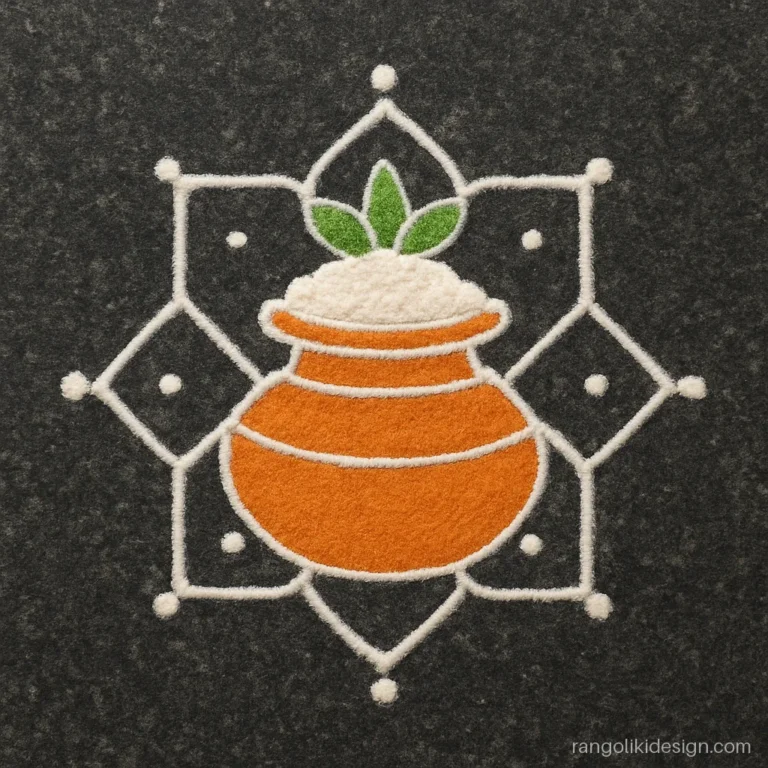 Pongal rangoli design with dots, a small pot on a 7 to 4 grid