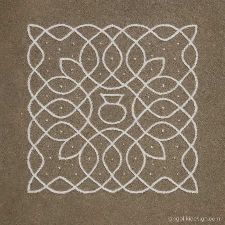 White pongal kolam with dots on a 9 by 9 grid sikku pattern