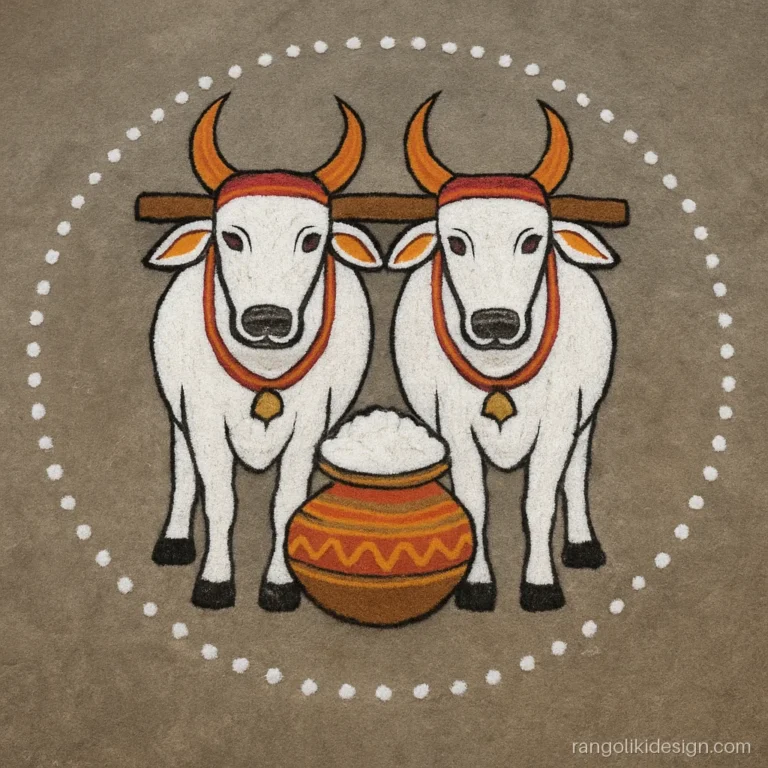 Pongal rangoli design with two bulls under a decorated yoke