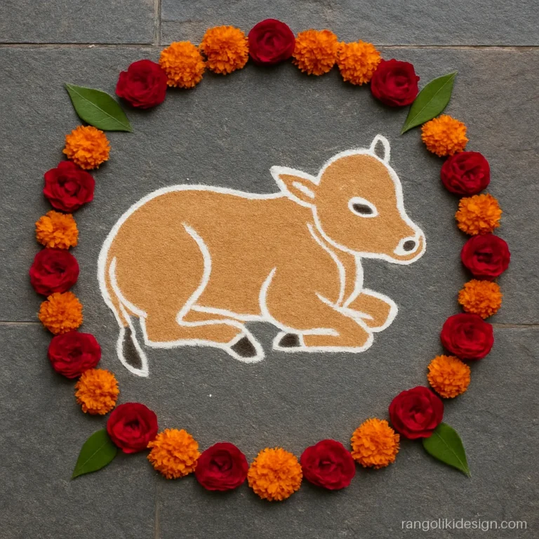Pongal rangoli designs with flowers around a resting calf
