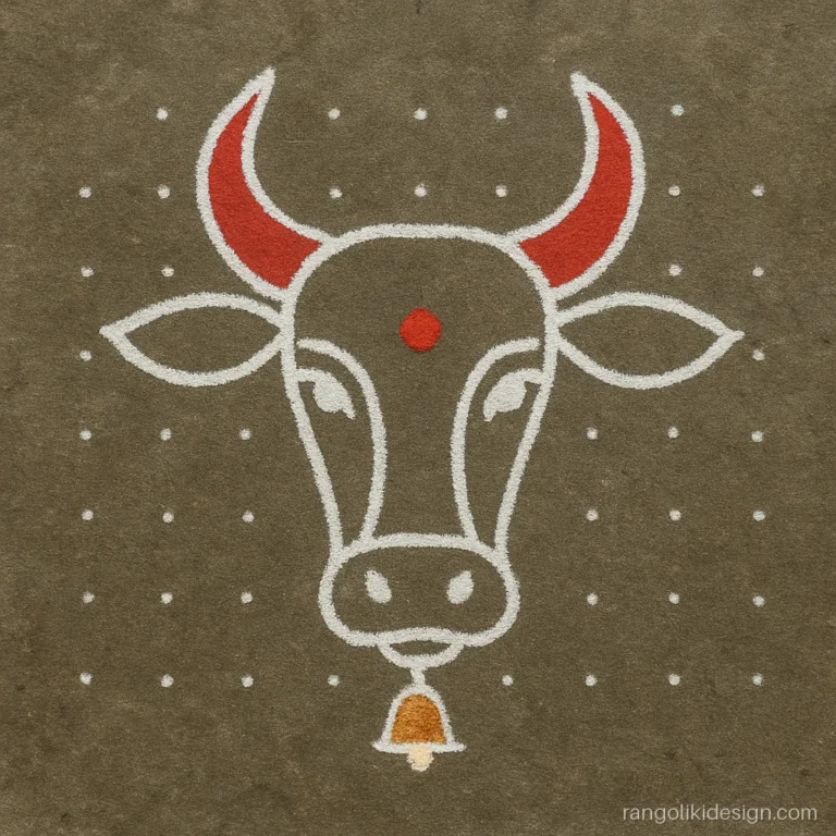 Simple pongal rangoli design of a cow face on a dot grid
