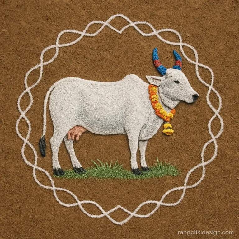 Mattu pongal rangoli design with a cow with painted horns and bells