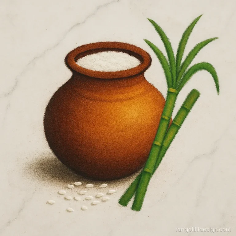 3d pongal rangoli design with a shaded pot and spilling rice