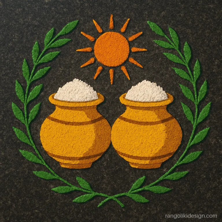 Rangoli designs for pongal with two brass pots and a sun between them