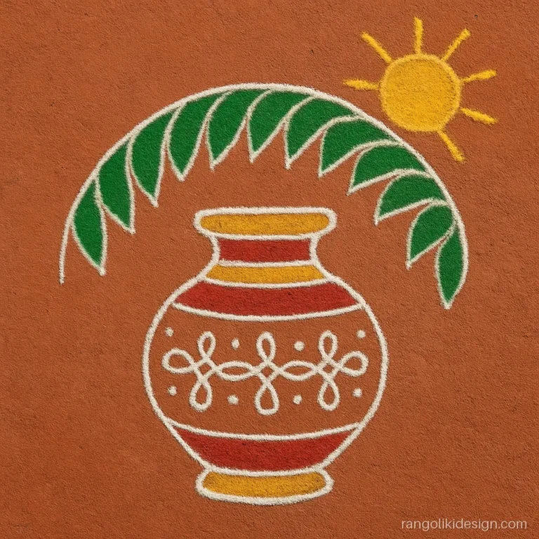 Unique pongal rangoli design with a decorated pot under a mango leaf toran
