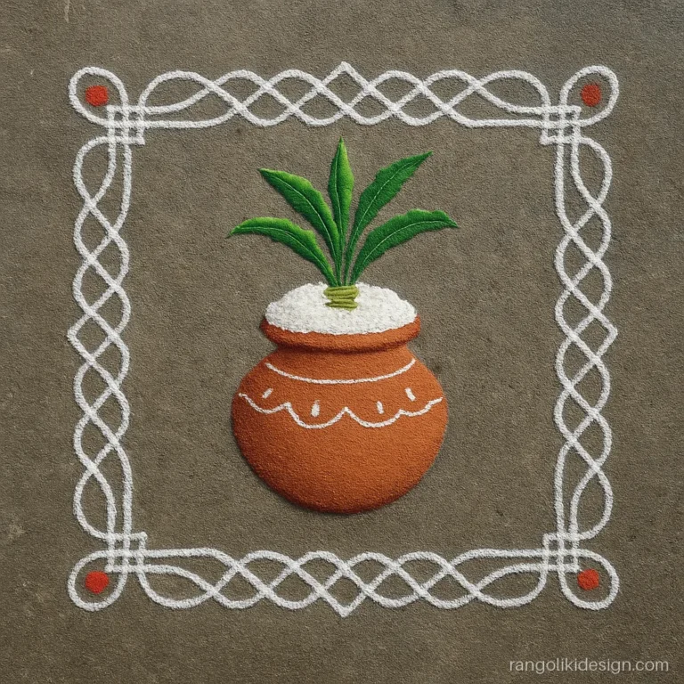 Pongal rangoli design with an overflowing clay pot inside a white kolam frame