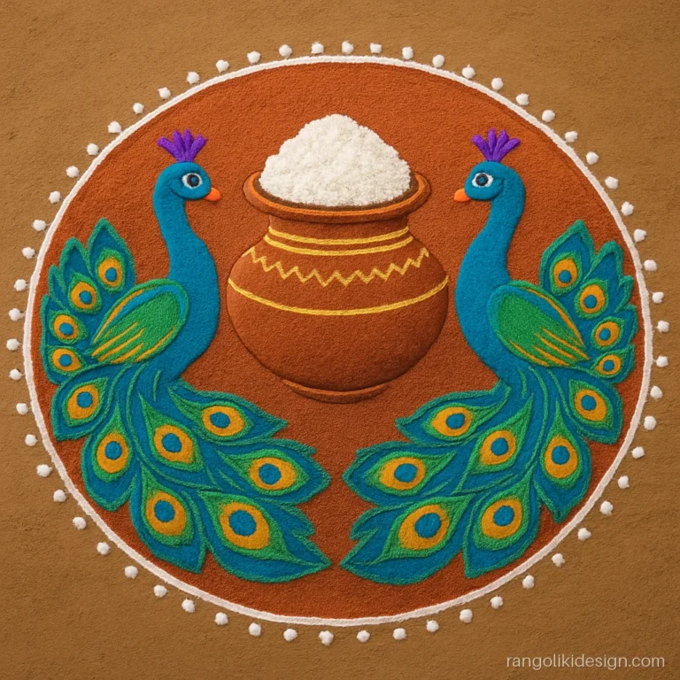 Peacock rangoli designs for pongal with two peacocks beside a pongal pot