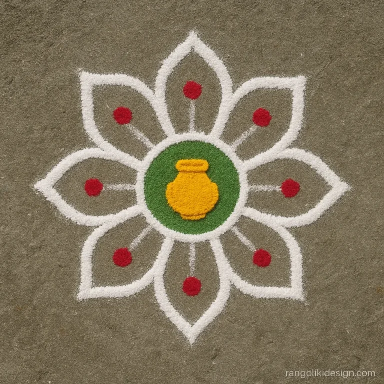 Small pongal rangoli design with a flower kolam and haldi pot