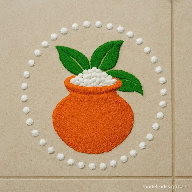 Simple rangoli designs for pongal, a mini pot with two leaves
