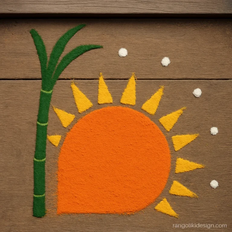 Easy rangoli designs for pongal for a corner with sugarcane and sun