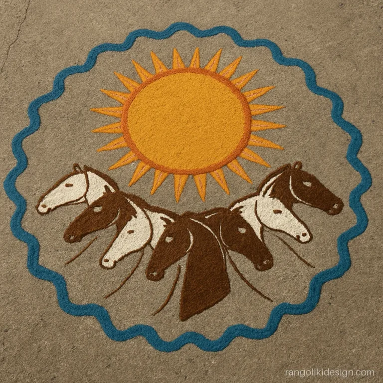 Unique pongal rangoli design of the sun disc with seven horse heads