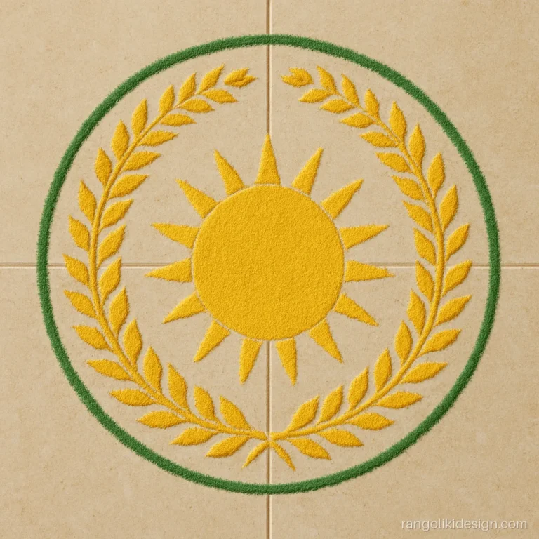 Easy pongal rangoli design of a sun wrapped in a paddy ring