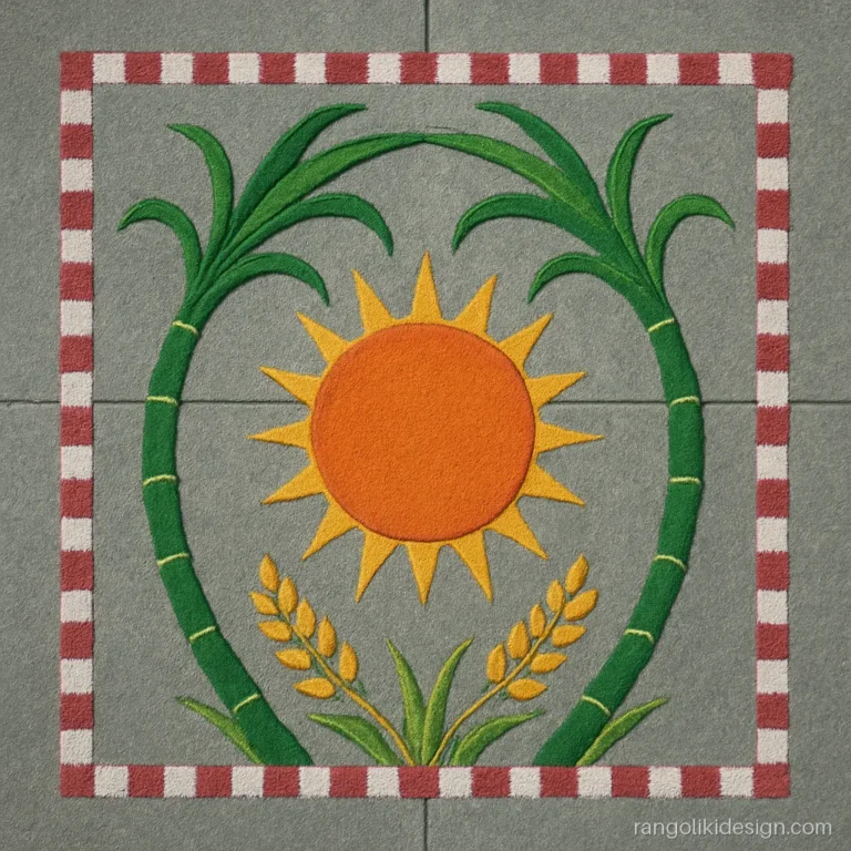 Pongal sankranti rangoli design with a sun under a sugarcane arch