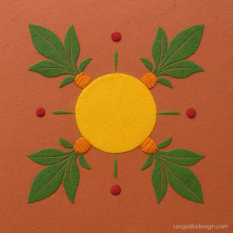 Pongal rangoli design with colours showing turmeric plants around a sun