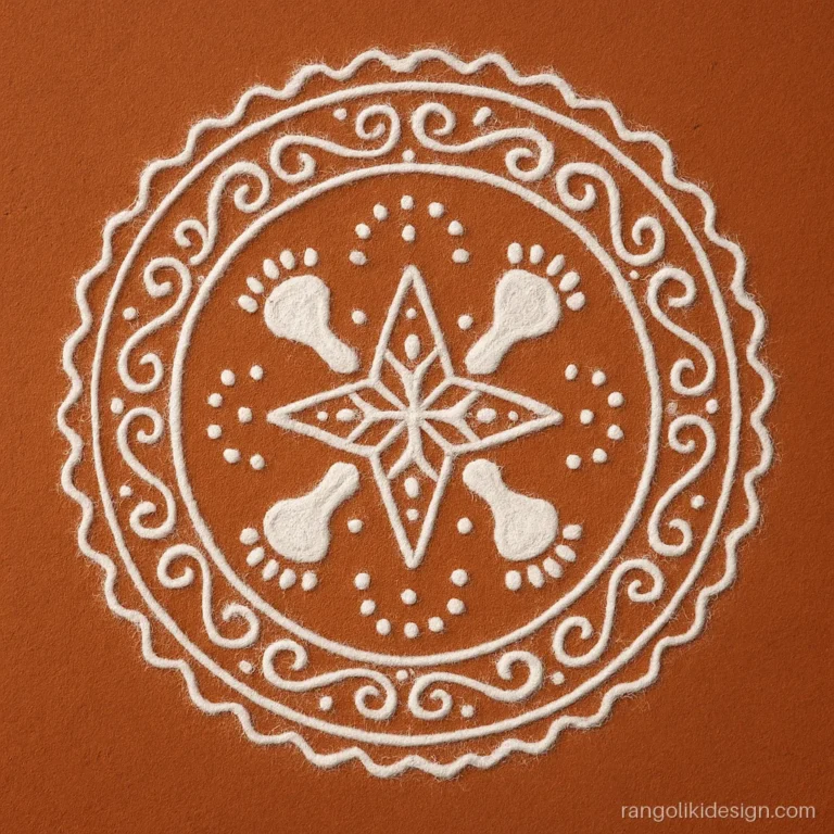 Thali aipan design rangoli with white dots and lines on red geru