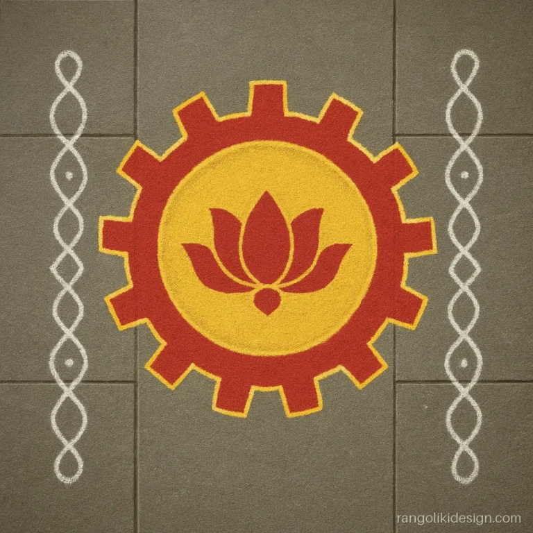 Ayudha pooja rangoli designs with dots and a gear wheel in front of tools
