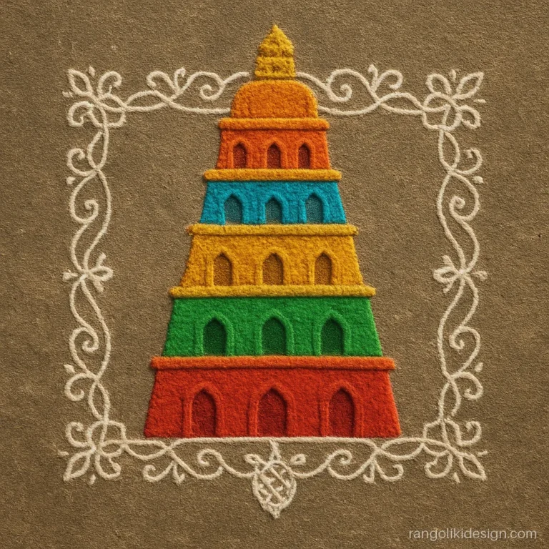 Competition temple rangoli design of a tiered gopuram with colourful levels