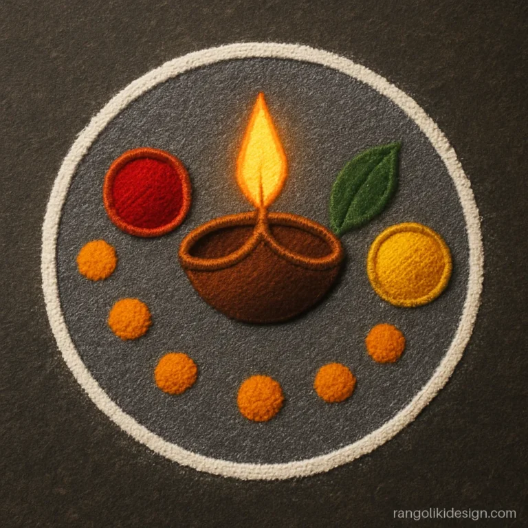 Easy thali rangoli design shaped like a pooja plate with diya and kumkum