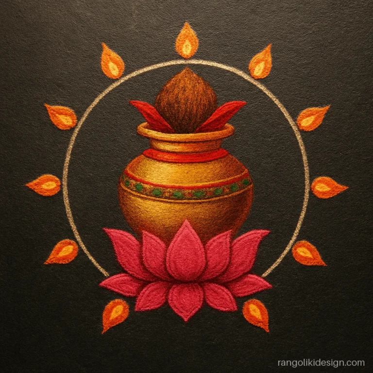Hard kalash rangoli design for Diwali with shaded brass shine and lotus base