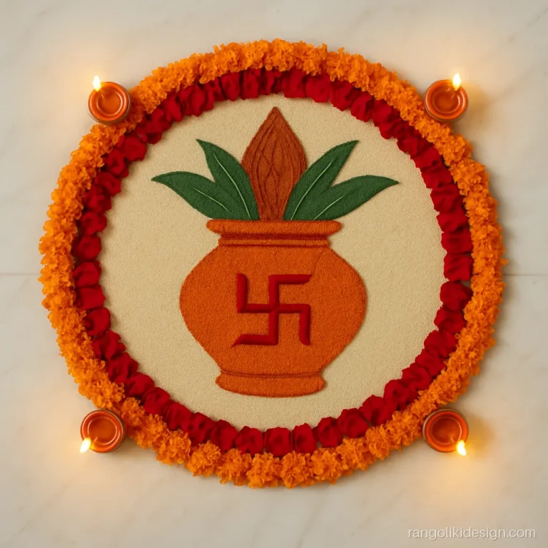 Kalash rangoli design for Diwali with flowers, a marigold ring and mango leaves