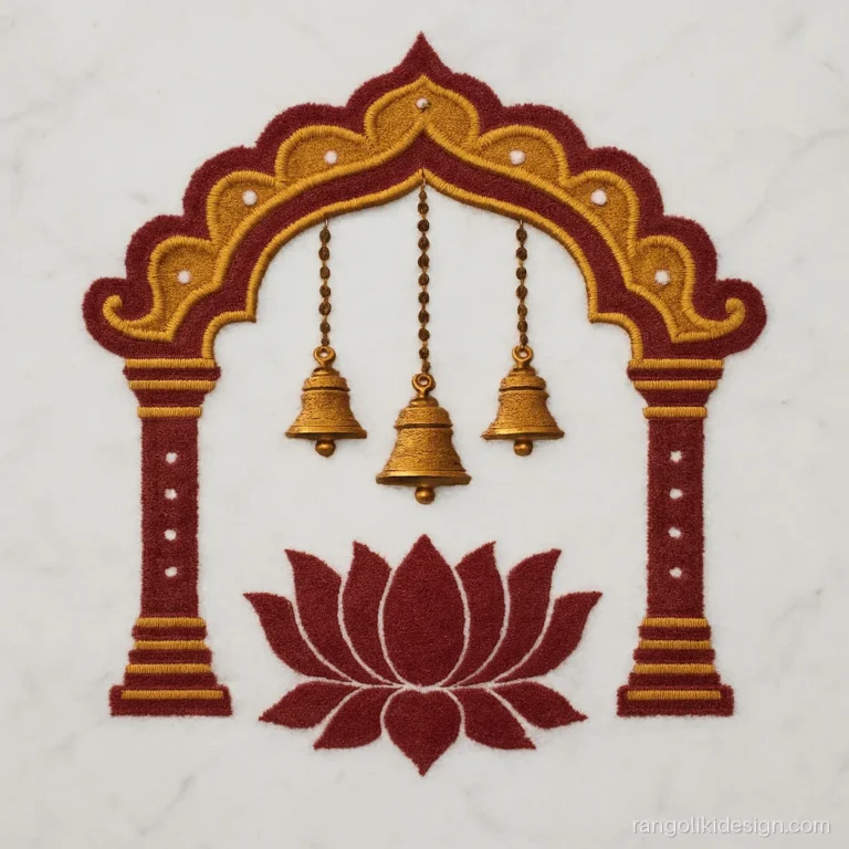 Mandir rangoli design with hanging temple bells under a carved arch