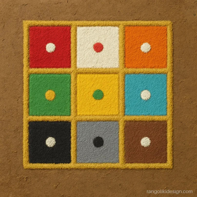 Puja rangoli designs with a navgraha chowk of nine coloured squares