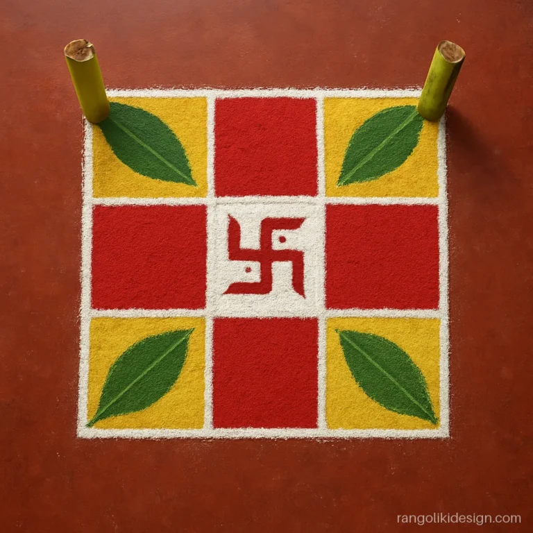 Satyanarayan pooja rangoli design with a square chowk and banana leaf corners
