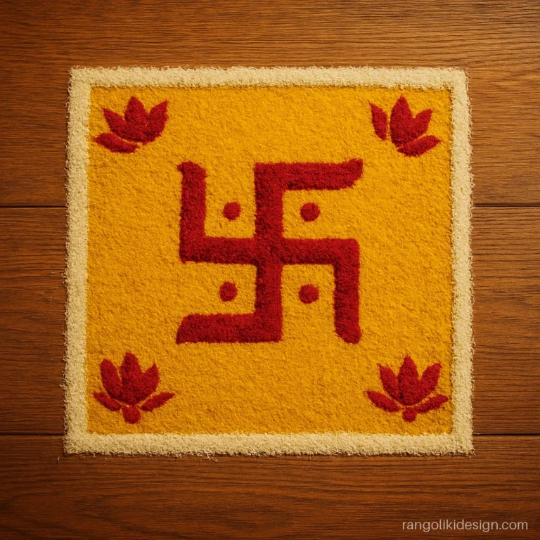 Simple chowk rangoli design made with rice grains, haldi and kumkum