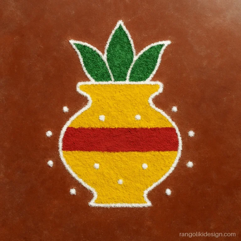 Simple kalash rangoli design on a 7 to 4 dot grid in yellow and red