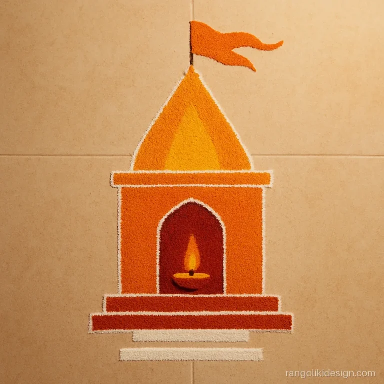 Simple temple rangoli design with a shikhara, saffron flag and steps