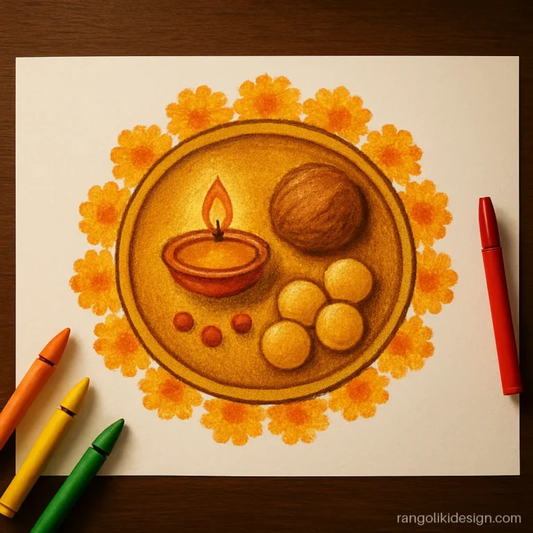 Rangoli simple bhaubeej drawing of a pooja thali with a diya and coconut