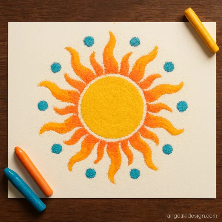 Rangoli drawing with colour of a bright crayon sun with wavy rays
