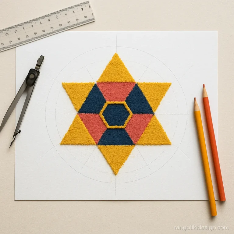 Mathematical rangoli on paper with hexagons and triangles in colour