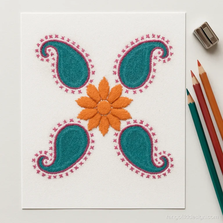 Rangoli art designs drawing with paisley motifs in four corners and a flower centre