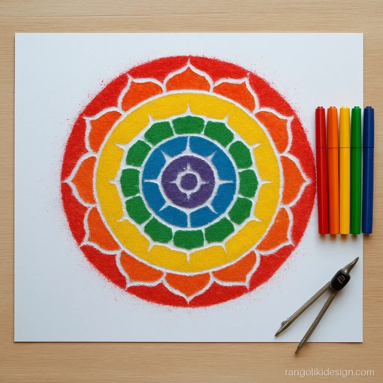 Beautiful rangoli design drawing of a rainbow mandala in sketch pens