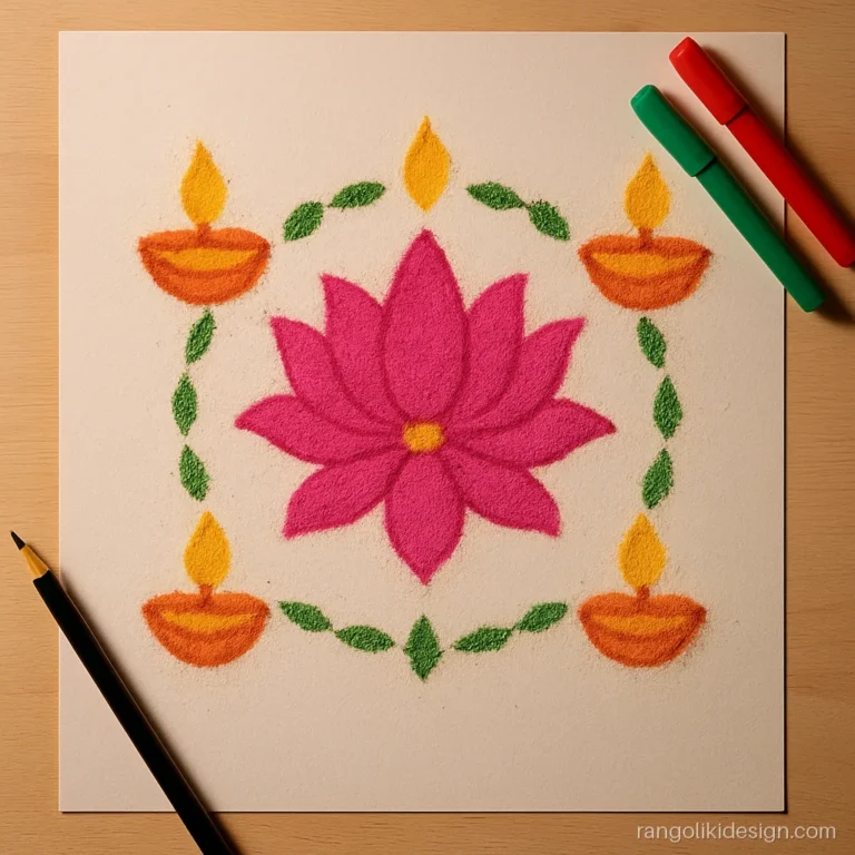 Diwali rangoli drawing of four diyas around a lotus in sketch pens