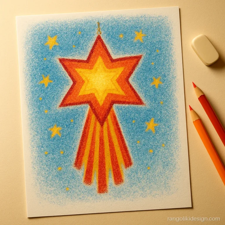 Beautiful rangoli drawing of a Diwali akash kandil lantern with stars